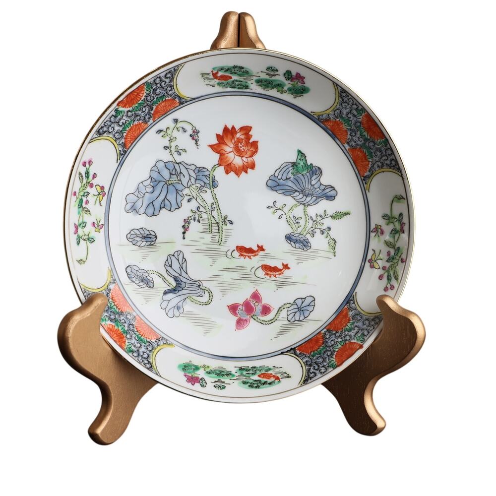 Vintage 50s-70s Chinese Hand Painted Porcelain Bowl W/ Lotus Pond Koi Fish Frog
